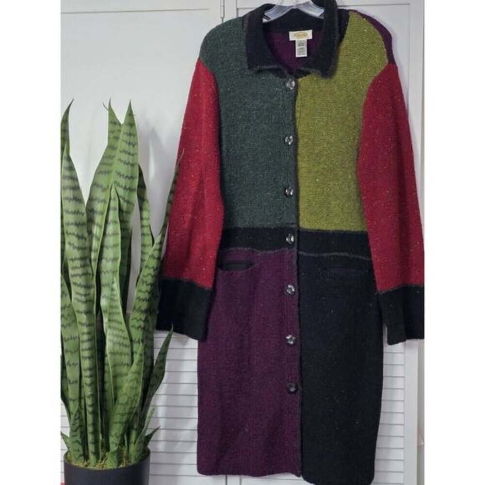 Vtg Talbots Sweater Cardigan Womens Large Colorblock Wool Blend Boho Cottage